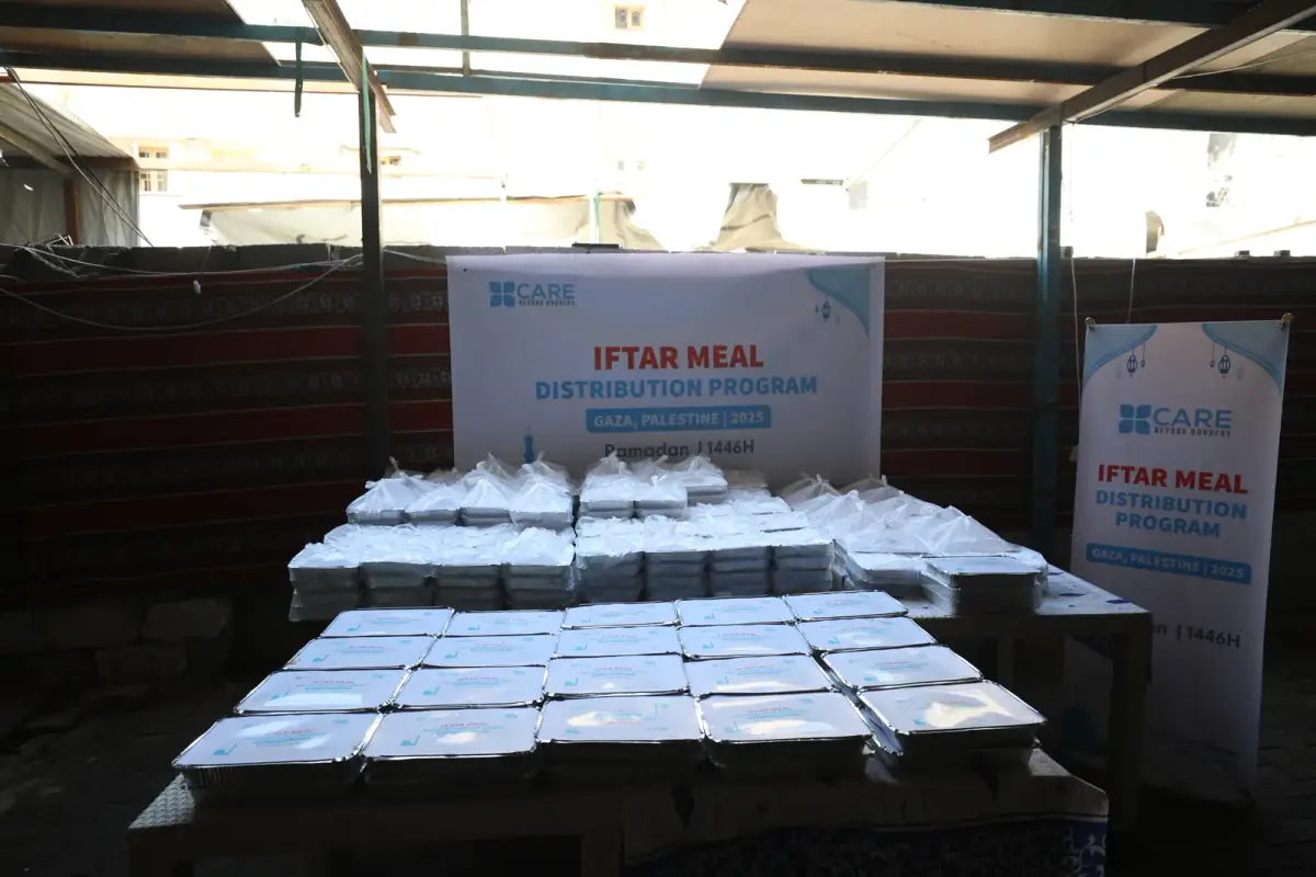 Rows of packed CBB iftar meal boxes ready for distribution in Gaza